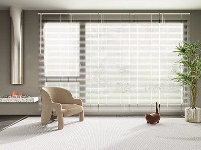 Window Blinds in Cozy Living Room with Gray Walls Fireplace Beige Armchair and Green Plant 3d model