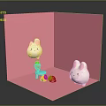 Cute White Rabbit Characters In Pink Cubic Space With Carrot And Colorful Blocks