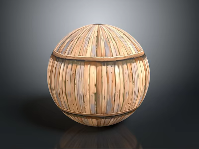 Scenic Landscape With Wooden Sphere Made Of Strips On Dark Background With Reflection 3d model