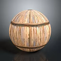 Scenic Landscape With Wooden Sphere Made Of Strips On Dark Background With Reflection
