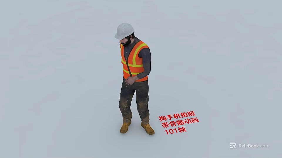 A Man Taking Out Mobile Phone Wearing White Hard Hat And Orange Safety Vest 3d model 