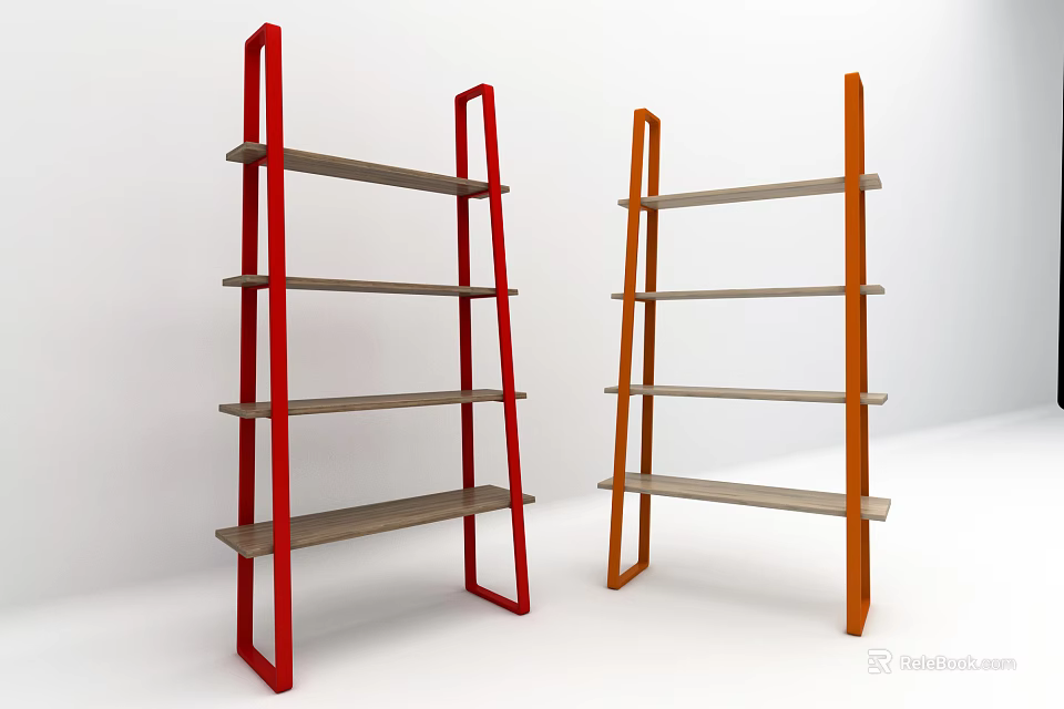 Modern Red And Orange Shelving Units With Minimalist Design Multiple Wooden Shelves And Metal Frames 3d model 