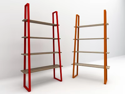 Modern Red And Orange Shelving Units With Minimalist Design Multiple Wooden Shelves And Metal Frames 3d model
