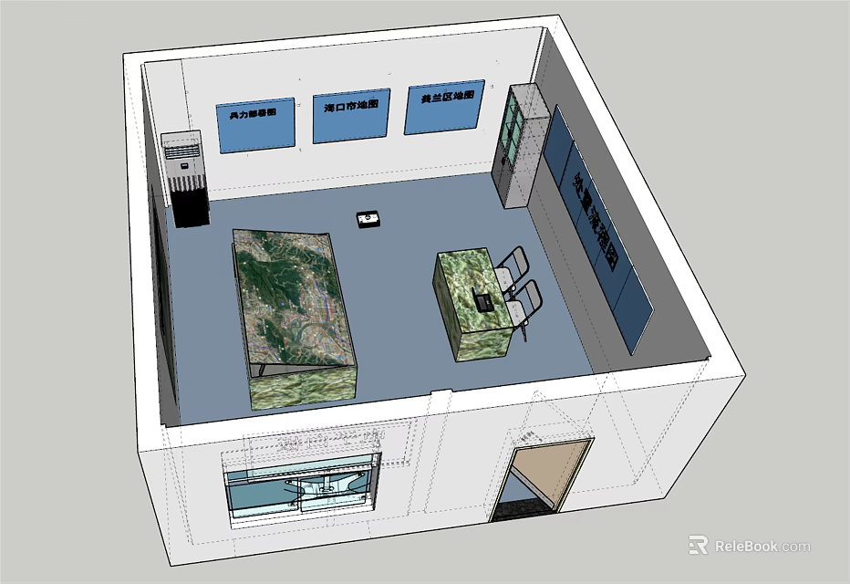 Room Interior With Bed Table Chair Wall Signs And Cabinets 3d model