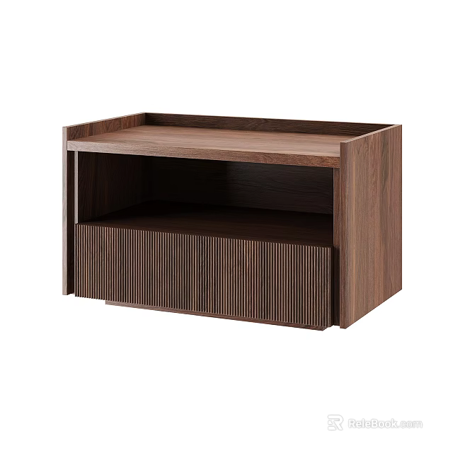 Modern Wooden Bedside Table With Open Shelf And Vertical Slat Design 3d model