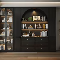Modern Dark Decorative Cabinet With Arched Design Books Green Plants And Drawers