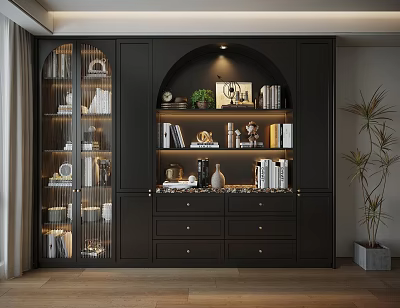 Modern Dark Decorative Cabinet With Arched Design Books Green Plants And Drawers 3d model