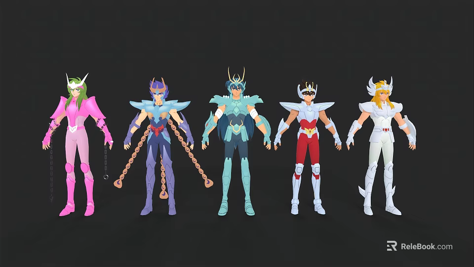 Five Colorful Armored Warrior Characters With Unique Helmets Standing In Row 3d model 