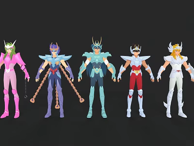 Five Colorful Armored Warrior Characters With Unique Helmets Standing In Row 3d model