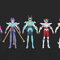 Five Colorful Armored Warrior Characters With Unique Helmets Standing In Row
