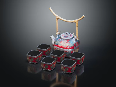 Chinese Traditional Ceramic Tea Set With Bamboo Handle Teapot And Six Square Red Blue Cups 3d model