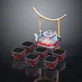 Chinese Traditional Ceramic Tea Set With Bamboo Handle Teapot And Six Square Red Blue Cups