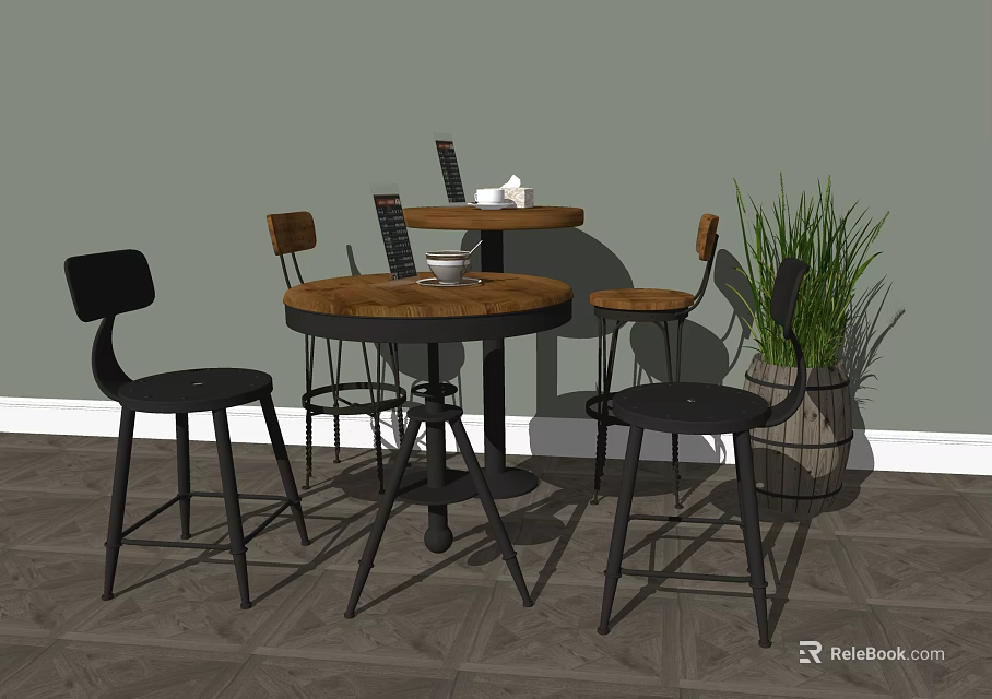 Modern Bar Counter With Round Wooden Top Black Chairs Brown Stools And Potted Plant 3d model 