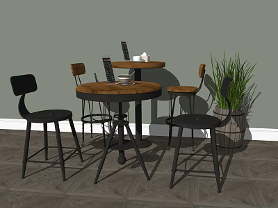 Modern Bar Counter With Round Wooden Top Black Chairs Brown Stools And Potted Plant 3d model