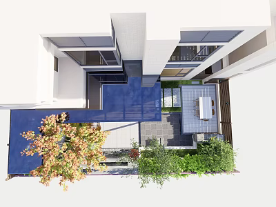 Modern Garden Design With Stone Patio Outdoor Dining Table Green Plants and Trees 3d model