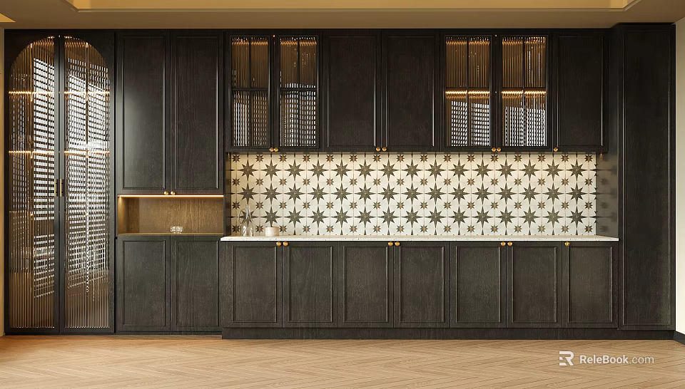 Modern Dark Wood Wine Cabinet Interior With Glass Doors And Star Pattern Tiles 3d model 