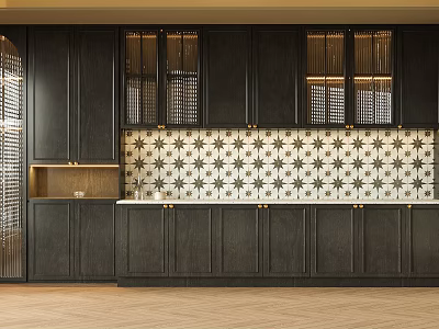 Modern Dark Wood Wine Cabinet Interior With Glass Doors And Star Pattern Tiles 3d model
