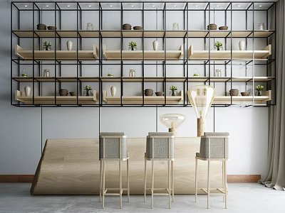 Modern Wooden Bar Counter With Three High Stools Open Shelves Decorative Items And Green Plants 3d model