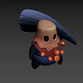 Cartoon Game Character With Beige Head Black Hollow Eyes Large Hat Blue Outfit Orange Ornaments