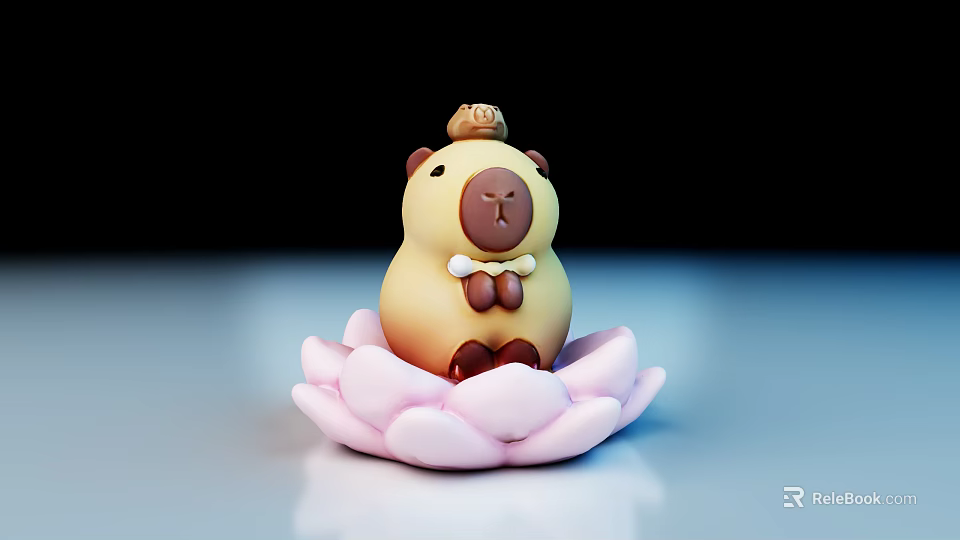Exquisite Cute Cartoon Animal Sculpture Carving With Small Hat On Pink Lotus Base 3d model 