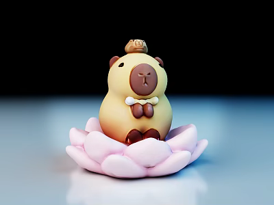 Exquisite Cute Cartoon Animal Sculpture Carving With Small Hat On Pink Lotus Base 3d model