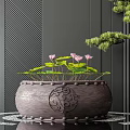 Garden Ornament Ceramic Carved Pot With Pink Lotus Flowers Green Leaves And Small Pine Tree