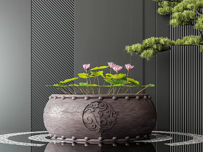 Garden Ornament Ceramic Carved Pot With Pink Lotus Flowers Green Leaves And Small Pine Tree 3d model