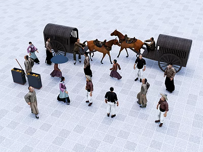 People gathered around horse-drawn carriages with horses in paved square setting 3d model