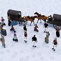 People gathered around horse-drawn carriages with horses in paved square setting