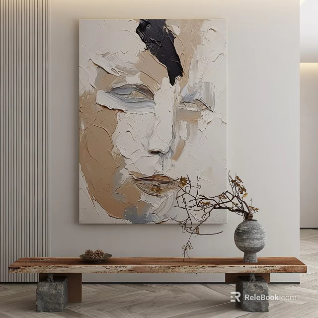 Abstract Face Painting On Wall With Wooden Console Table Vase And Branches 3d model 
