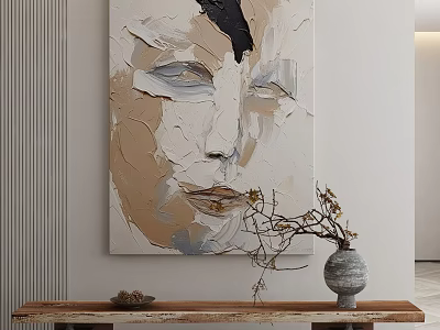 Abstract Face Painting On Wall With Wooden Console Table Vase And Branches 3d model