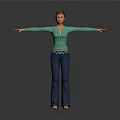Woman In Green Top And Blue Jeans With Arms Outstretched On Gray Background