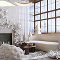 Cozy Christmas Living Room Interior With White Armchairs Wooden Ceiling Large Windows And Fireplace