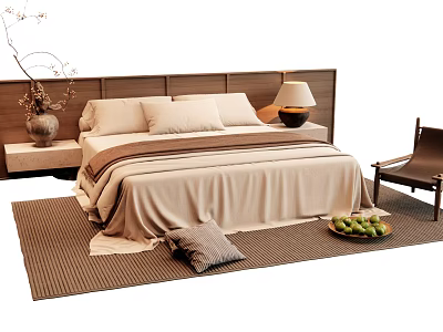 Double Bed With Wooden Headboard Table Lamp Nightstand Chair And Fruit Tray On Rug 3d model