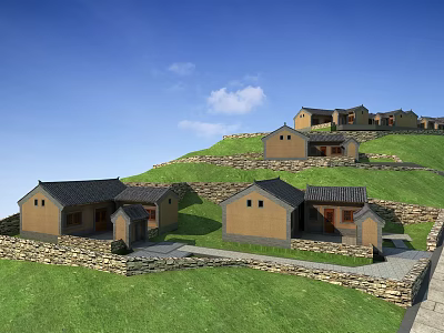 Traditional Village Houses On Hillside With Stone Walls Green Grass And Blue Sky 3d model