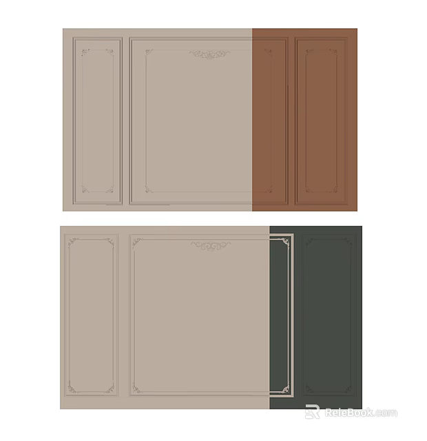 Sofa Backdrop Wall Design With Beige Brown Green Panels And Decorative Trim 3d model