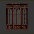 Vintage Dark Red Wooden Bookcase With Glass Doors And Bottom Drawers