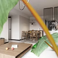 Modern Living Dining Room Interior With Wooden Coffee Table TV Cabinet Natural Light And Plants