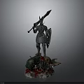Armored Knight Figurine Holding Spear And Shield Standing On Green Monster With Red Details