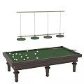 Billiard Table With Wooden Frame Green Felt Surface Balls And Hanging Lights