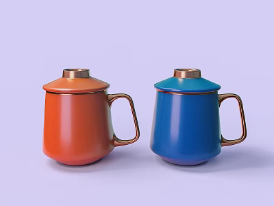 Orange And Blue Mugs With Gold Lids And Handles In Modern Design 3d model