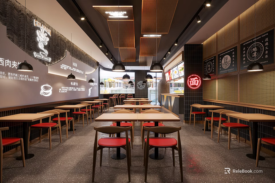 Modern Restaurant Interior Design With Wooden Tables Red Seats Hanging Lights And Wall Decor 3d model 