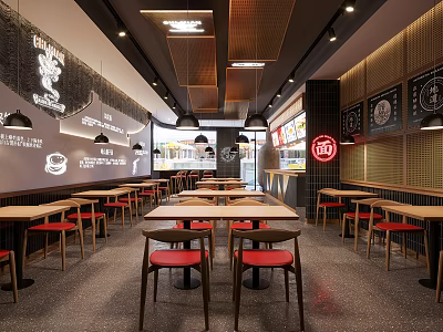 Modern Restaurant Interior Design With Wooden Tables Red Seats Hanging Lights And Wall Decor 3d model