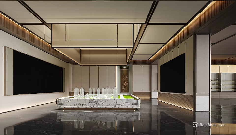 Luxury Modern Real Estate Sales Office Interior Featuring Marble Sand Table And Elegant Ambient Lighting 3d model 