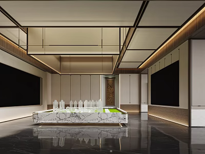 Luxury Modern Real Estate Sales Office Interior Featuring Marble Sand Table And Elegant Ambient Lighting 3d model