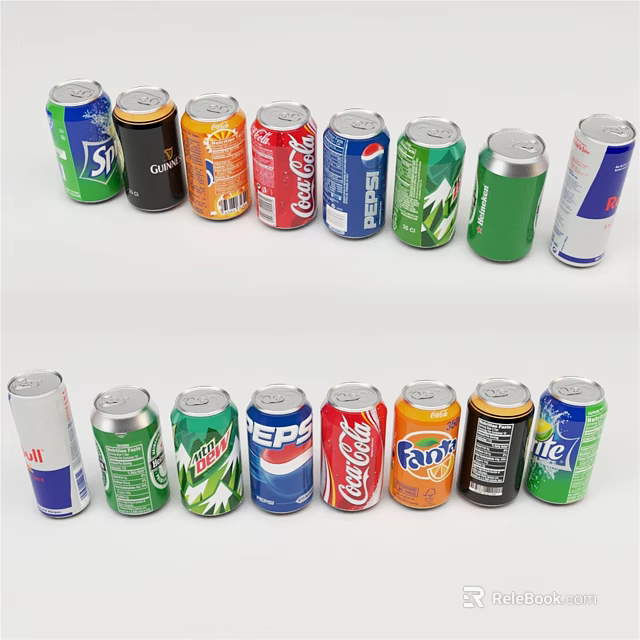 Assorted Canned Soft Drinks From Various Brands Arranged Neatly On White Background 3d model 