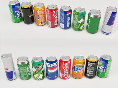 Assorted Canned Soft Drinks From Various Brands Arranged Neatly On White Background 3d model