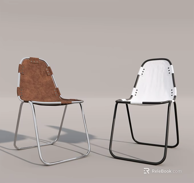 Modern Leisure Chairs With Brown Leather White Upholstered Seats And Metal Frame Design 3d model 