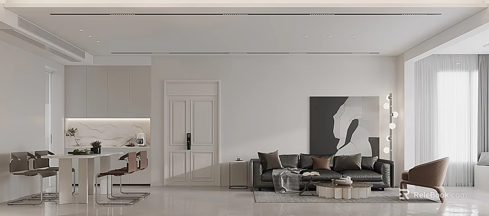 Modern Living and Dining Room Interior With Sofa Dining Table And Wall Art 3d model