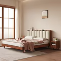 Cozy Bedroom Interior With Wooden Bed Soft Headboard Nightstand Plant And Window Curtains